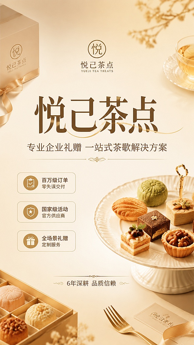写实商业摄影风格 高级商务品牌海报 悦己茶点品牌宣传，整体暖调优雅高级，极简高级留白设计，画面中央主视觉区域放置大字号标题"悦己茶点"，副标题"专业企业礼赠 一站式茶歇解决方案"，底部点缀装饰文案"6年深耕 品质信赖"，左侧用三个标签展示卖点："百万级订单零失误交付""国家级活动官方供应商""全场景礼赠定制服务"，背景采用浅暖米色渐变，点缀精致茶点剪影，字体清晰可读，排版分区合理，版式精美，4K超高清画质，品牌宣传
