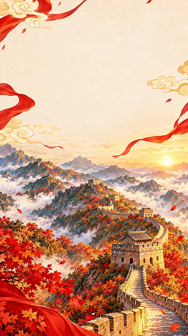中国风建筑插画底图，万里长城蜿蜒盘旋在连绵起伏的青山之上，秋天的红叶点缀山间，远处山峦叠嶂云雾缭绕，金色阳光洒在古老的城墙上，天空中有飘逸的红色飘带和祥云飞舞，国潮插画风格，画面上方留有大面积空白区域可添加文字，壮丽雄伟，喜庆节日氛围，高清细腻