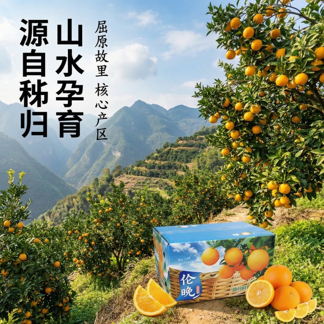 请在帮我生成几张关于伦晚脐橙的电商产品主图，突出秭归屈原故里核心产区预览效果
