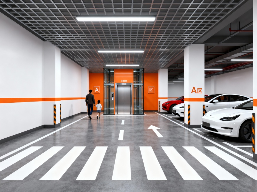 现代简约风格的地下停车场电梯厅场景，中央是玻璃门围合的电梯厅，外侧墙面和标识牌为橙色，两侧白色墙面，统一橙色腰线涂刷。天花板是金属网格搭配长条白色灯带，工业风与精致感兼具。白色立柱带有10cm高橙色腰预览效果