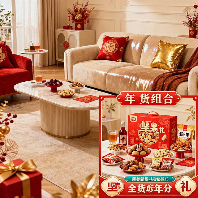 电商主题海报，纯画面图，不需要添加文字；核心元素：年货组合（坚果礼盒、零食包装、饮品）、背景，春节氛围下的奶油风客厅内茶几上摆放着年货组合；背景奶油风室内客厅。构图：年货组合居画面右下角作视觉焦点，突出年货主题，年货组合占据画面三分之二，背景沙发茶几上作新春装饰环绕烘托氛围，视觉热闹且突出产品。色彩：正红 + 鎏金 + 坚果暖棕为主，色调浓郁喜庆。风格：新春家居欢乐，元素质感饱满（年货包装细节、装饰元素光泽、背景氛围），传递热闹年味。