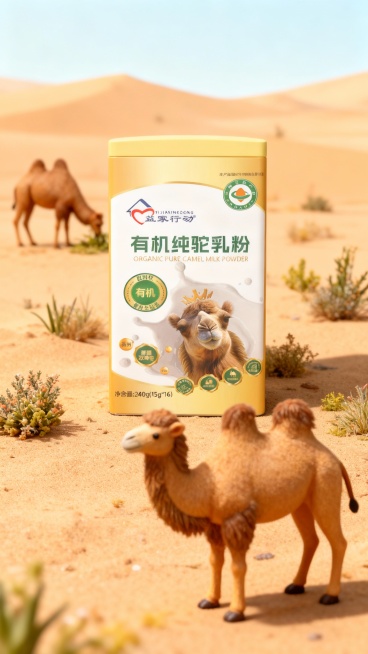 把产品呈现在沙漠中，远处有双峰骆驼在吃沙漠中的植被，产品放在海报的正中间，最前面有一个健康的成年双峰骆驼遮挡产品的四分之一处预览效果