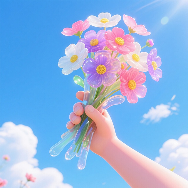 软3D风塑料花束，梦幻清新，甜美色彩，蓝天白云衬托，春日浪漫氛围。