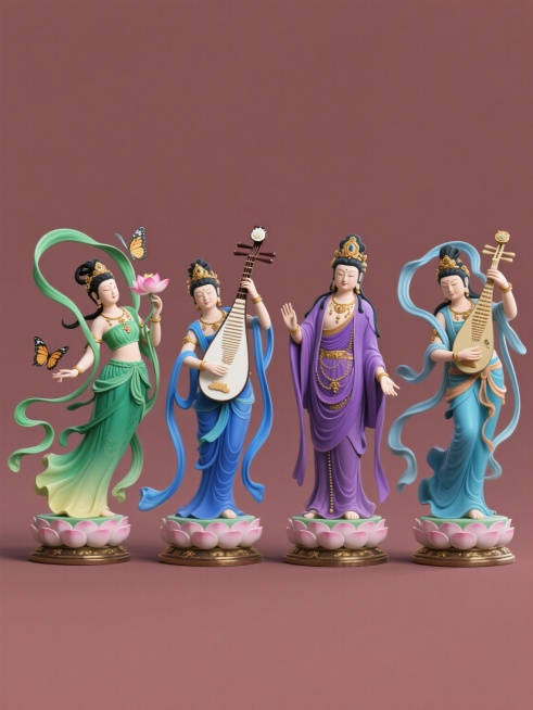 一组四个中国风敦煌风格3D立体雕像的系列素材集合，每个雕像保持相同的3D渲染质感、细腻的雕塑纹理、飘逸的衣袂动态和莲花底座设计，均采用纯色背景，规整排布。第一个雕像为绿色系敦煌飞天仙女，身着绿色渐变长裙，手持莲花，周围环绕蝴蝶；第二个雕像为蓝色系敦煌反弹琵琶乐伎，蓝色飘带与白色琵琶形成对比；第三个雕像为紫色系敦煌供养菩萨，紫色长袍与金色饰品交相辉映；第四个雕像为青色系敦煌伎乐天，青色衣袂翻飞，……预览效果