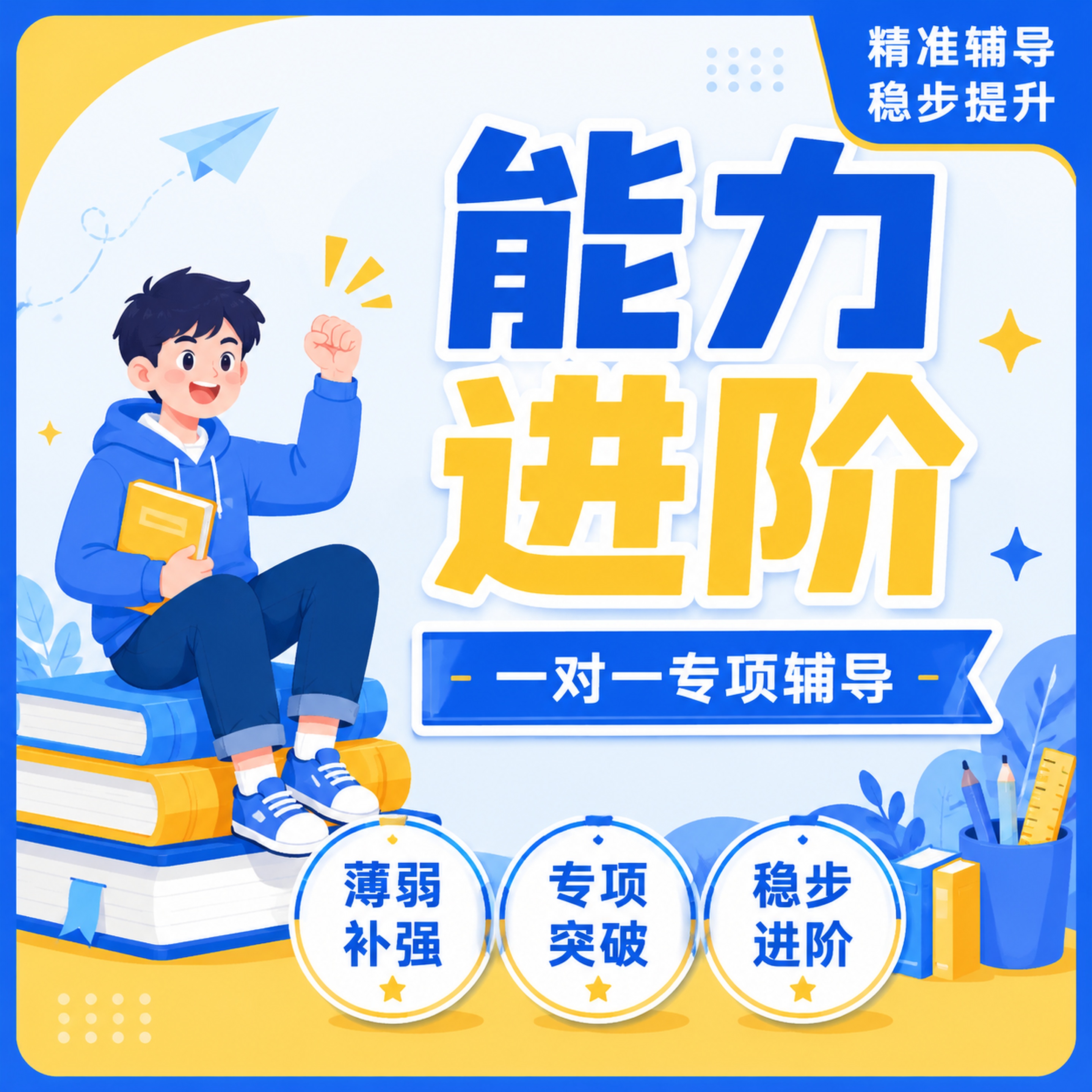 扁平插画风格教育培训海报，延续参考图蓝黄清新配色，1:1正方形… - 图片创意预览