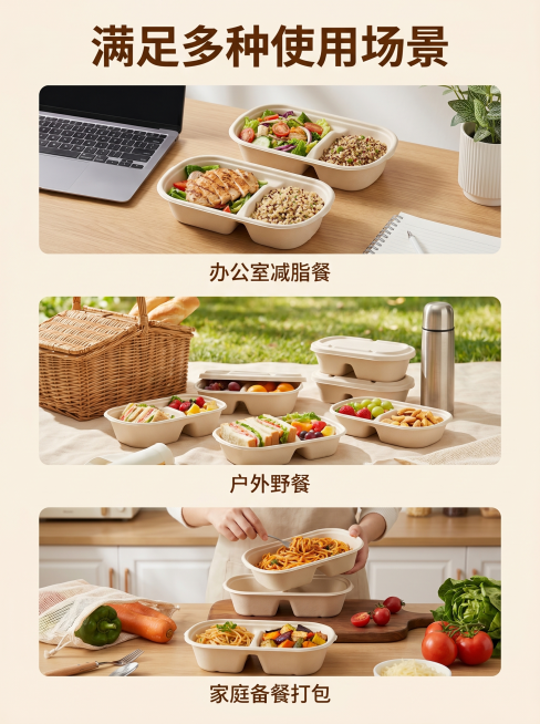 [主图-4] 甘蔗渣可降解餐具多场景展示
[氛围风格] 生活化场景代入，展示多用性
[画质] 商业摄影质感，真实自然，光线通透，画面干净高级
[元素] 保持原产品餐盒外观材质颜色和原图一致，展示分格餐预览效果