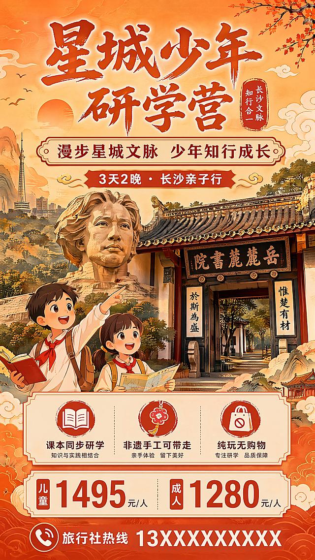 暖橙国风风格海报，9:16竖版，主视觉是橘子洲青年雕塑拼接岳麓书院门头，搭配卡通少年插画。主标题："星城少年研学营"，副标题："漫步星城文脉 少年知行成长"，装饰文案："3天2晚 · 长沙亲子行"，三个卖点："课本同步研学" "非遗手工可带走" "纯玩无购物"，价格信息：儿童1495元/人 成人1280元/人，咨询电话：旅行社热线13XXXXXXXXX，整体配色为暖橙色国风，版式精美，层级分明，贴合红色非遗亲子研学主题，所有文字清晰可读