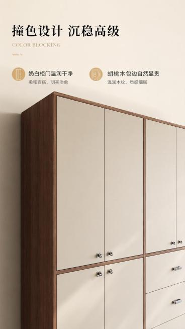 [第2屏] 撞色设计卖点，白门胡桃木包边设计解析。本屏使用【图1】作为商品主体。
[氛围/风格] 简约高级细节展示，产品特写氛围感，清晰商业质感。
[元素布局] 衣柜主体占据画面中下部约65%区域，上预览效果