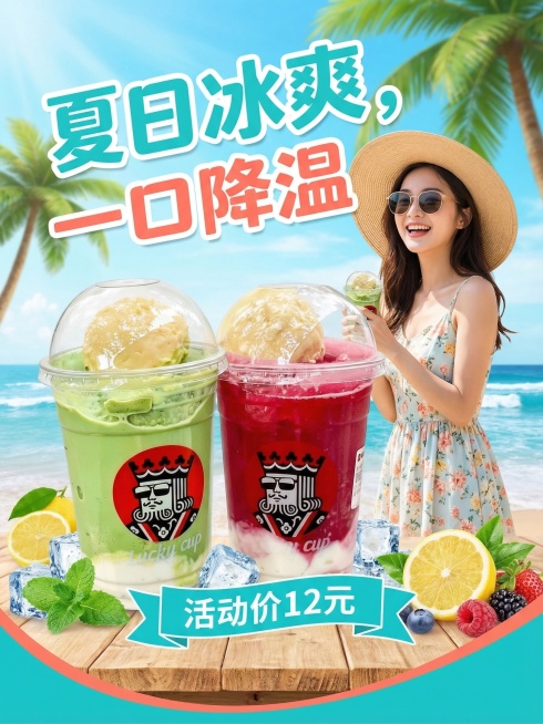 以这两杯夏日饮品为主体，设计一张饮品宣传海报，添加一位年轻夏日穿搭的美女在饮品旁，加入宣传语"夏日冰爽，一口降温"，并标注单杯价格"活动价12元"，整体风格清新清爽，夏日氛围感，色彩明快预览效果