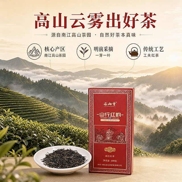 [主图-2] 核心亮点与产地溯源，展示高山茶园产地与茶叶品质优势，建立信任。
[统一基调] 国风雅致暖调风格，背景主色为暖米白渐变，点缀朱砂红与浅金色；标题字色为朱砂红，辅助字色为深棕褐色；字体为厚重宋体主标题 + 细黑体辅助文；整体干净通透，有高级茶叶品牌质感。
[画面] 画面上半部分为高山云雾茶园实景，层层叠叠的茶山在云雾缭绕中，清晨暖阳洒下，有自然生态感；下半部分前景处摆放还山青红色茶盒与一小碟干茶，茶盒正面清晰。用极细的金色虚线从茶园场景引出三条引线，分别指向茶盒旁的三个小图标位置，每个图标配简短说明。产品与茶园场景自然融合，不是生硬拼接。
[光影质感] 自然晨光氛围，茶园部分有薄雾丁达尔光效，茶盒与干茶保持真实摄影质感，光影方向一致，底部有柔和阴影。
[配色] 茶园绿色自然色调 + 暖米白过渡 + 朱砂红标题 + 深棕褐说明文字 + 金色引线。
[文字版式] 顶部主标题：高山云雾出好茶；下方三个卖点模块横向排列，每个模块有小图标+文字：核心产区 南江高山茶园 / 明前采摘 一芽一叶 / 传统工艺 工夫红茶。文字清晰，不遮挡主体产品。
[输出要求] 1:1正方形，2K分辨率，文字清晰锐利，产品清晰，场景自然融合。禁止变形、错字、模糊、水印、平台Logo、夸张虚假产地元素。