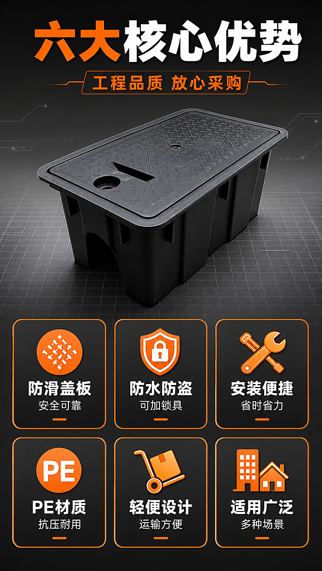 [商品] 使用【图1】黑色PE塑料地埋式水表箱；保留长方体结构、防滑纹理盖板、锁孔、侧面加强筋、黑色PE材质；产品居中偏上展示全貌。
[画面] 目标：核心卖点总览，6大卖点icon卡快速建立认知。构图：产品位于上方居中占40%，下方2行3列共6个icon卖点卡，图文分区清晰。背景：深灰色渐变底，点缀工程感网格线条。阅读动线：先看产品再逐行读卖点。
[视觉] 套系策略：风格=拼多多工程建材商业摄影风，高对比高饱和；标题字=粗黑黑体大字；正文字=常规黑体；主色=深灰黑+工程橙；背景延展=基于深灰做深浅层级渐变，搭配工程网格底纹；强调色=亮橙色，用于小面积图标、引线、重点高亮；标题色=白色/亮橙；正文色=白色/浅灰；组件=圆角橙边信息卡、粗线引线、橙底白字标签；光影=顶部柔光均匀打亮产品，下方卡片平光保证文字清晰。
[文字] 顶部主标题「六大核心优势」6字，副标题「工程品质 放心采购」8字。6个卖点卡配图标：①防滑盖板 安全可靠 ②防水防盗 可加锁具 ③安装便捷 省时省力 ④PE材质 抗压耐用 ⑤轻便设计 运输方便 ⑥适用广泛 多种场景。每卡4-6字标题+小字说明，均横排。
[规格] 图片比例9:16竖版，分辨率4K，quality=medium。避免变形、错字、文字过小、冷蓝背景、产品颜色改变、极限词。