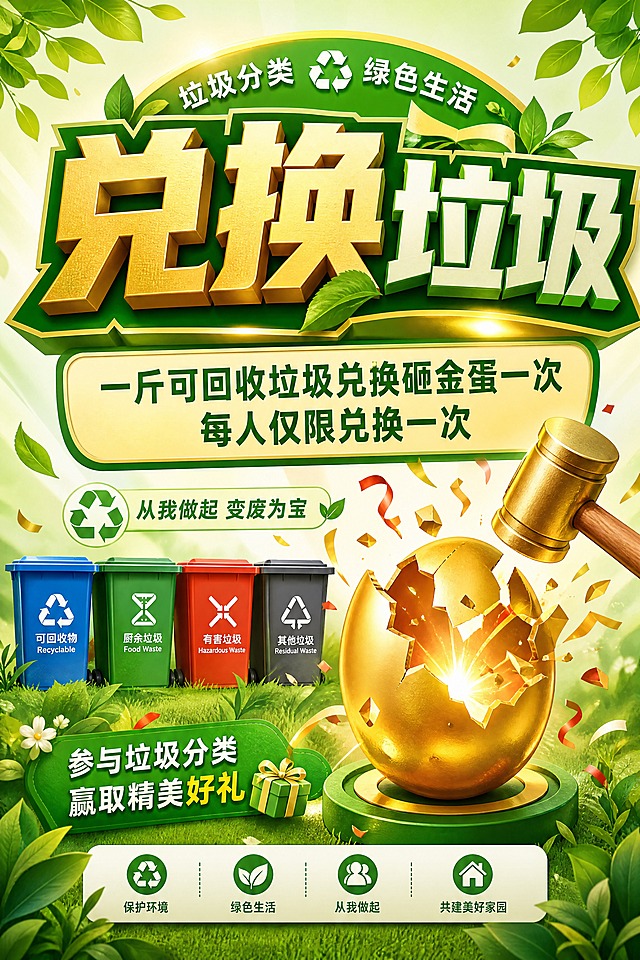 竖版展板设计，尺寸60x90cm（比例2:3竖版）。主题"兑换垃圾"，大字体醒目，绿色或金色为主。副标题"一斤可回收垃圾兑换砸金蛋一次，每人仅限兑换一次"，清晰明了。画面融入垃圾分类元素：四色分类垃圾桶、可回收物标志、环保绿叶等；融入砸金蛋元素：金色金蛋、锤子、礼花等。整体色调以绿色和金色为主，活泼有吸引力，适合社区活动宣传。整体设计醒目清晰，专业的展板设计风格，高清输出