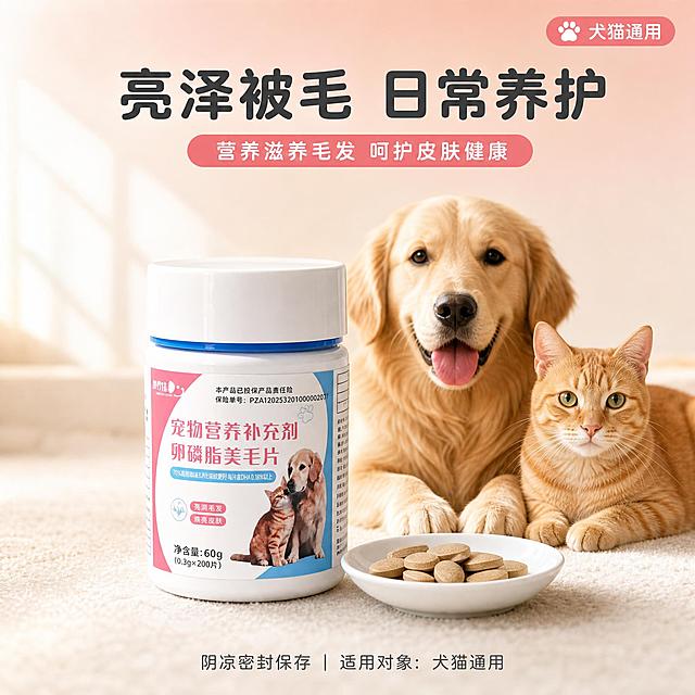 [主图-5] 使用场景与效果氛围感图 展示宠物健康亮毛状态和日常喂食场景
[统一基调] 高清商业宠物营养品摄影风格 自然光柔光 画面干净通透 简约氛围感 主背景浅奶白+淡粉渐变 辅助色柔粉浅蓝 强调色珊瑚粉 白色圆角卡片 圆润无衬线字体 标题字色深灰近黑 辅助字色中灰
[画面] 画面中景位置放产品瓶身 正面展示 主体占比约40% 瓶身前下方放一个白色小食碟 碟子里有几片椭圆形浅棕色美毛片 背景虚化处 一只金毛犬和一只橘猫并排坐着 毛发蓬松有光泽 看向镜头方向 温馨自然 右上角一个圆润小标签写 犬猫通用 底部一行小字 阴凉密封保存 适用对象 犬猫通用
[光影质感] 模拟窗边自然光柔光 从左上方照射 瓶身和食碟有柔和高光 宠物毛发层次丰富有光泽 背景虚化突出主体 整体温暖明亮有氛围感
[配色] 主背景浅奶白暖调渐变 柔粉浅蓝辅助 珊瑚粉强调 白色食碟 深灰标题 中灰辅助文字 整体暖调温馨
[文字版式] 顶部居中大标题 亮泽被毛 日常养护 字体圆润加粗 右上角小标签文字 底部说明文字小号 文字不遮挡产品和宠物主体
[输出要求] 1:1正方形 2048px 文字清晰无错字 产品清晰不变形 宠物形态自然 无杂乱水印 无多余杂物 无平台Logo 无二维码 无手部