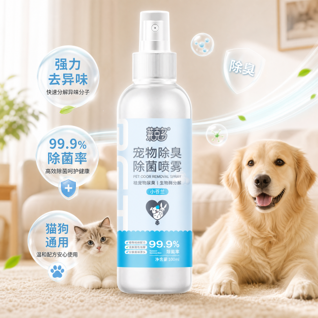 拼多多平台宠物除臭除菌喷雾主图，比例1:1，场景营销风格，添加温馨宠物背景元素，突出产品去异味功能，品牌'莱克多'，简约美观适合电商引流预览效果