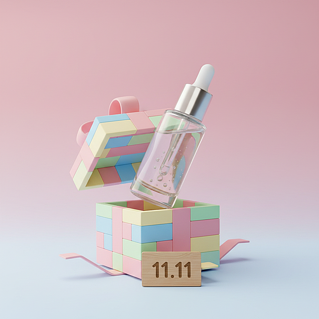 3D轻拟物风，几何拼贴盒体搭配柔和色块，呈现甜蜜清新感，塑料质感瓶身悬浮其中，孟菲斯风格点缀，11.11节日氛围浓厚。