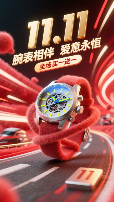 背景是充满动感的亮红色速度线抽象光影，如同赛道上飞驰的轨迹。一款硬朗的机械运动手表以微微倾斜的角度置于画面中心，表盘细节清晰，指针散发着幽蓝或亮黄色的夜光，与红色背景形成强烈撞色。表身周围有金属质感的预览效果