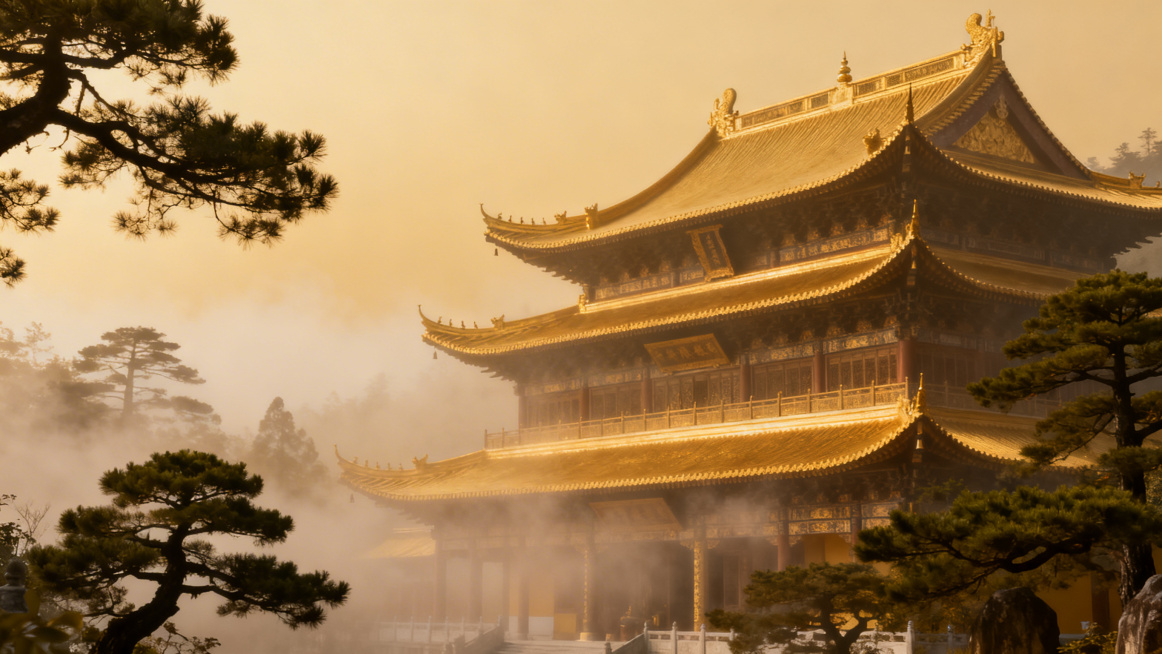 寺庙宣传简介背景图，宁静古朴的中式佛教寺庙场景，飞檐翘角的古建筑，晨雾缭绕，苍松翠柏环绕，禅意氛围感，暖金色调，庄严清净，适合做文字简介背景，禅意留白布局预览效果