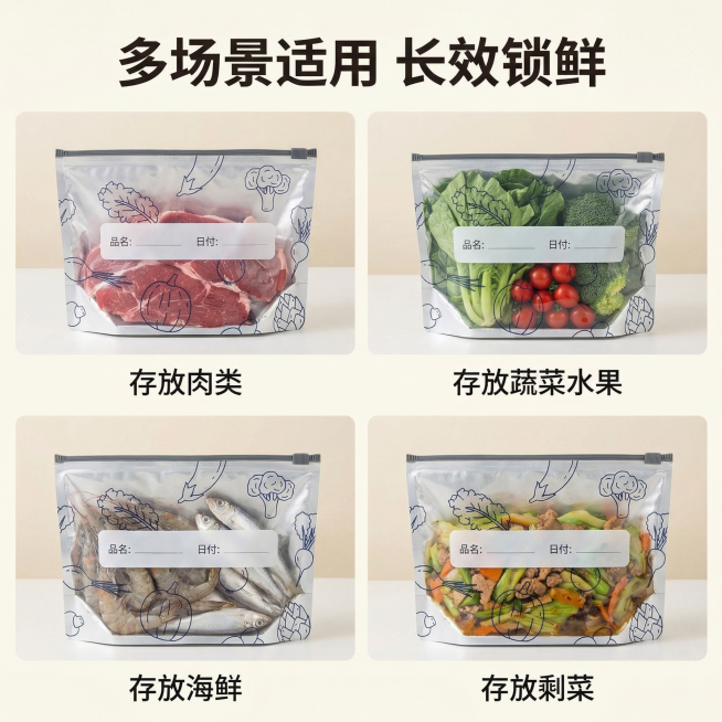 [主图 4] 铝箔保鲜袋多场景适用展示
[氛围/风格] 日式简约，温馨幸福生活感，明亮自然
[画面元素] 采用四宫格布局展示四个使用场景：1. 存放肉类、2. 存放蔬菜水果、3. 存放海鲜、4. 存放预览效果