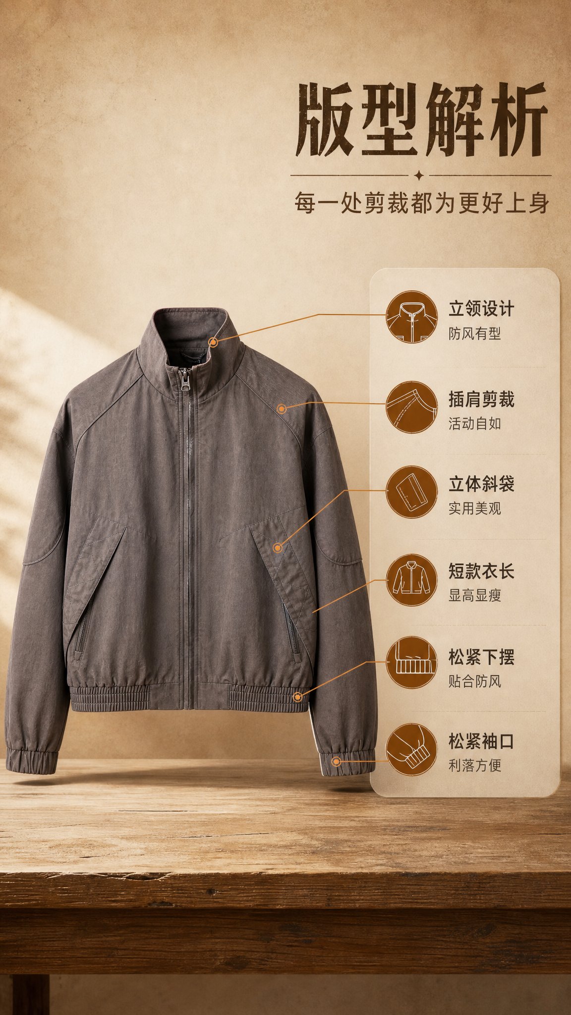 [商品] 使用【图1】棕褐色复古立领短款工装夹克；商品处理：保… - 图片创意预览