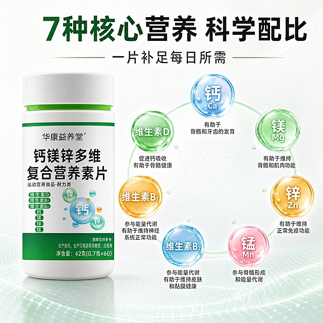 [主图-2] 华康益养堂钙镁锌多维复合营养素片 成分解析 7种营养科学配比。
[统一基调] 清透科技营养保健风，背景以浅白渐变+淡绿色光晕为主，标题字色深绿+黑色粗黑体，辅助字色深灰，强调色翠绿，字体为现代无衬线粗黑体，卡片用圆角半透明玻璃拟态样式，整体干净通透有专业感。
[画面] 产品瓶身位于画面左侧，占比约40%，正面展示。右侧为成分展示区，用7个大小不一的透明圆形营养球呈环形排列，每个球内有对应元素符号和中文名称：钙Ca、镁Mg、锌Zn、锰Mn、维生素D、维生素B1、维生素B2，球与球之间用细淡绿色线条连接，形成营养矩阵网络感。每个营养球下方有简短功能说明小字。背景是浅白渐变，带有细微的科技网格纹理。
[光影质感] 商业摄影质感，瓶身光影自然，营养球有通透玻璃质感和内部发光效果，线条有微光，整体光线明亮均匀，科技感与专业感兼具。
[配色] 主背景浅白带淡绿科技网格，营养球分别用淡蓝、淡绿、淡橙等柔和区分色，标题深绿色，辅助文字深灰色，连接线淡绿色。
[文字版式] 顶部居中主标题粗黑体"7种核心营养 科学配比"，副标题"一片补足每日所需"，下方7个营养球对应说明文字用小号黑体，整齐排列，信息清晰，不拥挤。
[输出要求] 1:1正方形，2048x2048，文字清晰可读，产品清晰完整，无变形，无错字，无水印，无平台Logo，无杂乱元素。