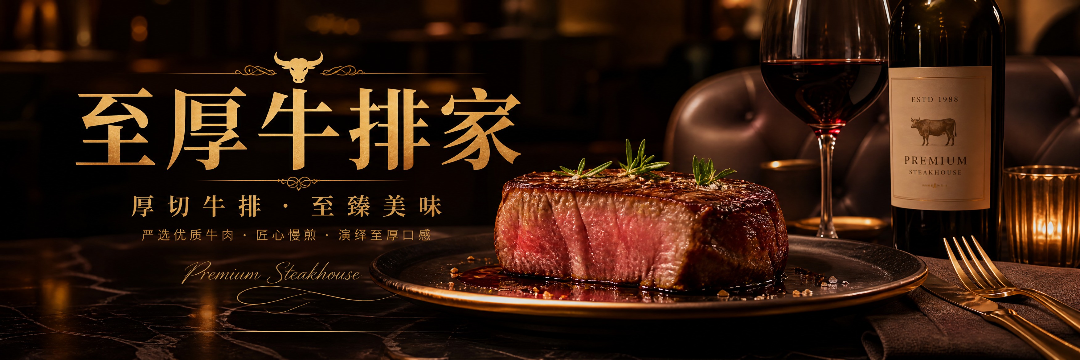 高端牛排餐厅宣传海报，店名"至厚牛排家"，展示诱人的厚切牛排美… - 图片创意预览