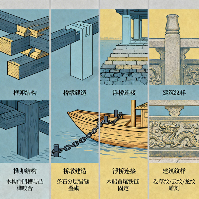 潮州广济桥古代建筑工程结构技术解析图，分多个板块分别展示榫卯结构、桥墩建造、浮桥连接、建筑纹样等不同技术细节，整体采用莫兰迪色系的蓝黄配色，低饱和度色调，清晰直观的解析图风格预览效果