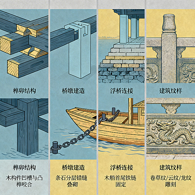 潮州广济桥古代建筑工程结构技术解析图，分多个板块分别展示榫卯结构、桥墩建造、浮桥连接、建筑纹样等不同技术细节，整体采用莫兰迪色系的蓝黄配色，低饱和度色调，清晰直观的解析图风格