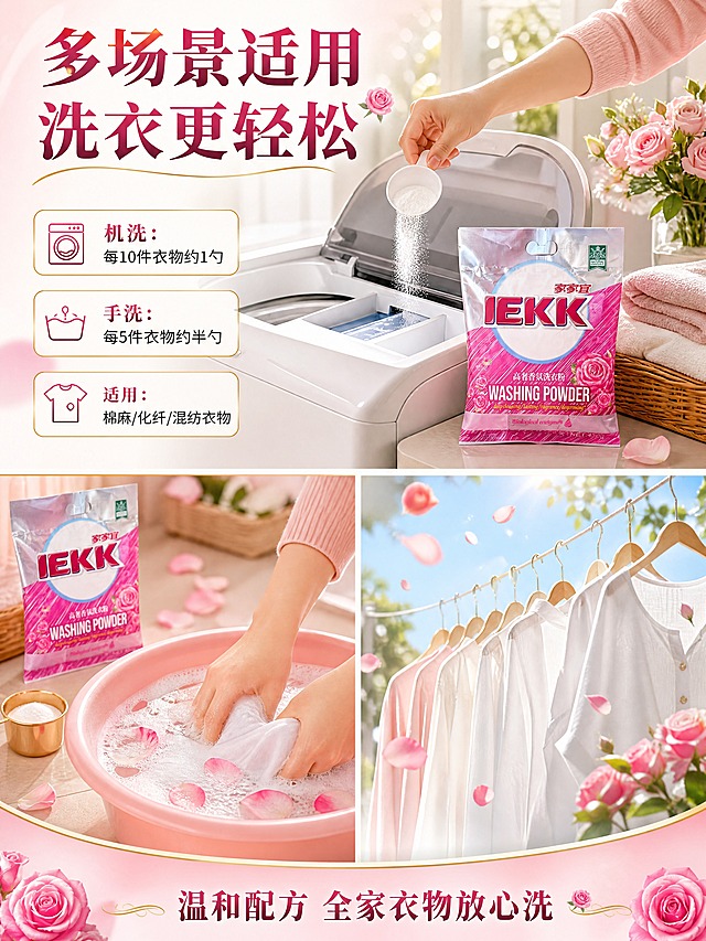 [商品] 使用【图1】家家宜高奢香氛洗衣粉450g袋装；保留包装袋结构、颜色、Logo、文字和玫瑰图案；修复平整包装，色彩鲜亮，不改变原有设计。
[画面] 第4张·使用场景页，目标展示居家洗衣真实场景与使用方式；上下分栏构图，上半部分为明亮整洁的阳台洗衣场景：亚洲女性手部正在将洗衣粉倒入洗衣机，旁边放着打开的产品袋；下半部分左侧为手洗特写场景，右侧为晾晒后散发香气的洁净衣物；产品袋在场景中自然摆放，占画面约25%；整体温馨明亮，有生活气息。
[视觉] 套系策略：风格=高端香氛感商业摄影，洁净高级；标题字=粗黑体优雅衬线结合，大气醒目；正文字=简洁无衬线黑体；主色=玫粉玫瑰金；背景延展=基于玫粉色做深浅渐变、柔焦光晕和玫瑰花瓣质感层次；强调色=香槟金，仅用于小面积图标、引线、装饰线条和标签；标题色=深玫红+香槟金渐变；正文色=深灰粉；组件=圆角金边信息卡、细金线引线、玫瑰图标；光影=左前侧柔暖光，右侧轮廓光，产品立体感强。
[文字] 顶部主标题"多场景适用 洗衣更轻松"，配3个使用说明：「机洗：每10件衣物约1勺」「手洗：每5件衣物约半勺」「适用：棉麻/化纤/混纺衣物」；底部标注"温和配方 全家衣物放心洗"；全部文字横排，放在场景留白处，不遮挡人物动作和产品。
[规格] 图片比例3:4竖版，4K分辨率，负向提示：避免包装变形、文字错乱、人物面部模糊、场景脏乱、冷色调、极限词。