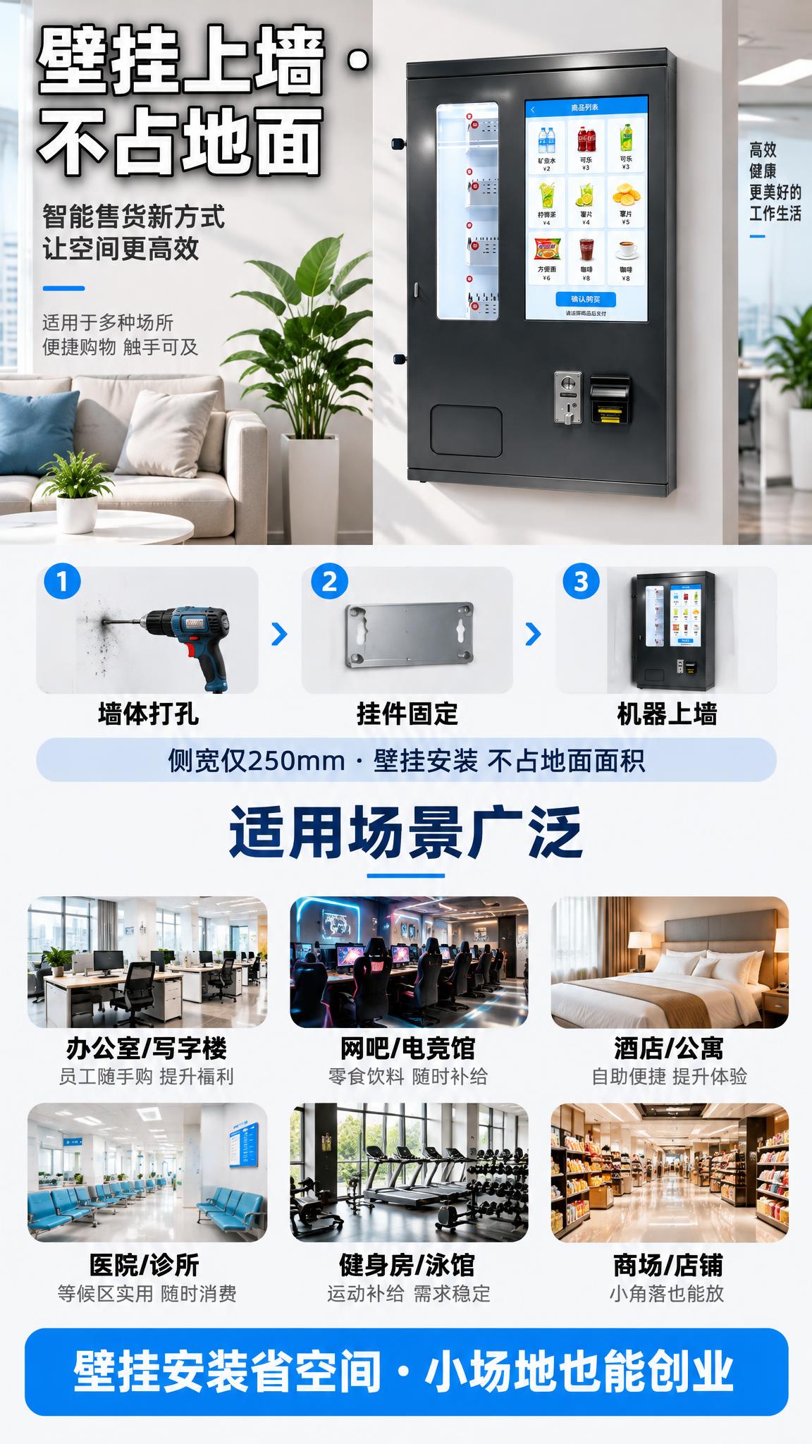 [详情页-5 安装与适用场景] 壁挂式带屏售货机壁挂安装与适用… - 图片创意预览
