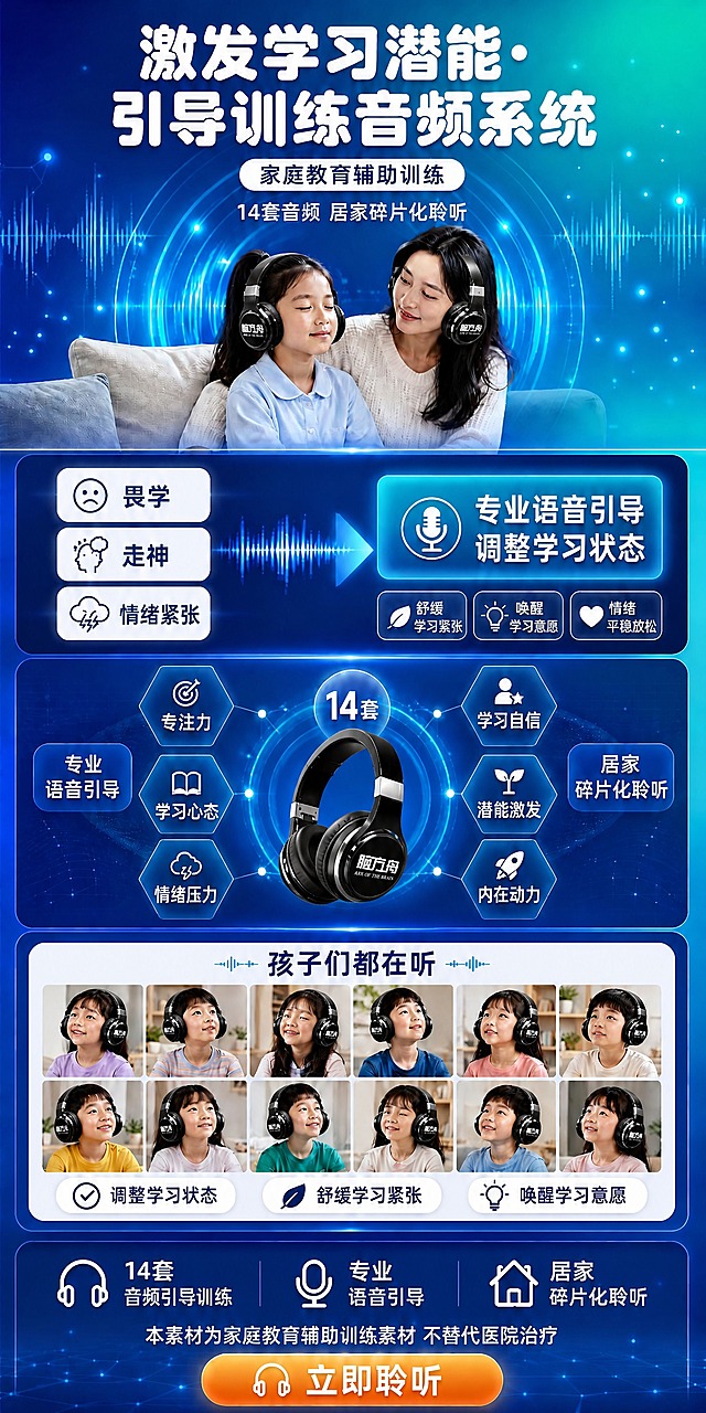 将图中所有人物佩戴的头戴式耳机全部替换为参考图中的品牌耳机：亮黑色钢琴烤漆材质，耳罩外侧有醒目的白色「脑方舟 ARK OF THE BRAIN」Logo，头梁较宽，连接处有银色金属铰链；顶部母女主视觉中女孩的耳机、中间六边形图中央的独立耳机展示图、下方学员照片墙中所有孩子佩戴的耳机全部替换为该品牌耳机；耳机尺寸贴合头部、Logo朝向镜头且方向正确、黑色表面融入蓝色环境光与柔和反光；保持整体版式、所有标题与文字、背景声波光效、橙色按钮和免责声明完全不变，文字清晰无错字。
[输出要求] 竖版长图1024x2048，2K分辨率，文字清晰无错字；负向：不要保留无Logo的普通耳机、耳机变形悬浮、Logo倒置镜像错乱、畸形手指、多余手指、面部扭曲、变形错字、乱码、模糊、水印、平台Logo、主体遮挡、背景杂乱、低清晰度、错误结构、刺眼过曝。