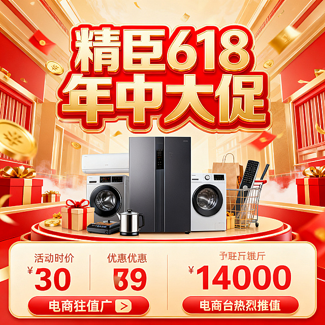 一张618电商促销海报，主题为精臣品牌，整体风格活泼热闹，以红色和金色为主色调，画面顶部有显眼的促销主题文字"精臣618年中大促"，下方展示优惠信息，整体设计吸引人，充满节日购物氛围，构图均衡，适合电商平台推广