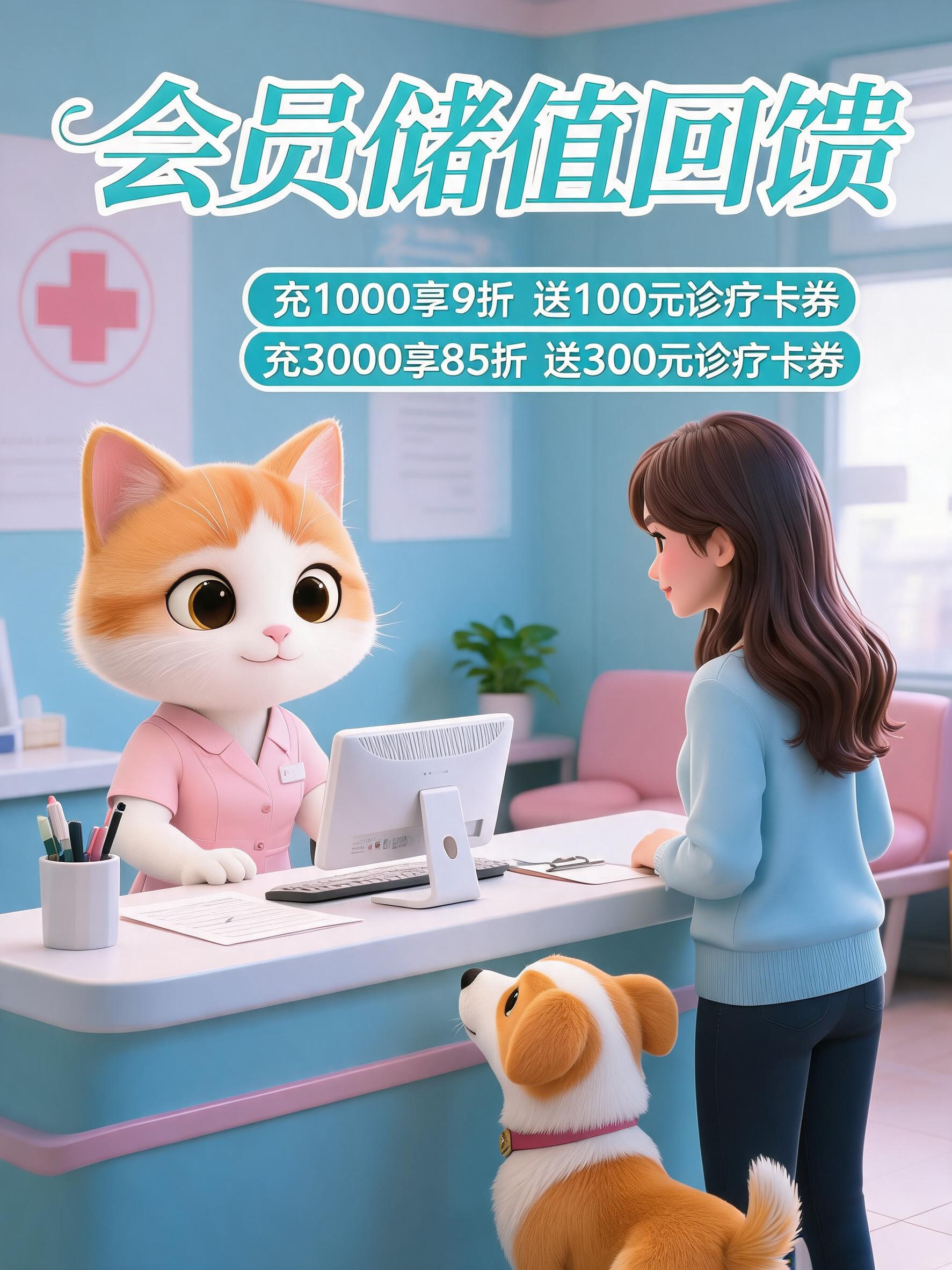 3D卡通萌系画风，宠物医院前台接待场景，猫咪前台微笑服务，小狗… - 图片创意预览