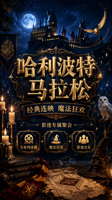 哈利波特系列电影马拉松观影活动宣传海报，整体为魔法奇幻风格，还原霍格沃茨学院神秘氛围感。主标题"哈利波特马拉松"，副标题"经典连映 魔法狂欢"，装饰文案"影迷专属聚会"，卖点标签"全系列连播"、"魔法预览效果
