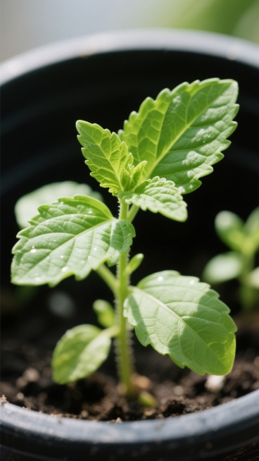 真实照片风格，特写镜头下蓬勃生长的绿色草本植物，叶片呈现鲜嫩的翠绿至深绿渐变，叶脉纹理清晰可见，边缘带有细微锯齿，叶片饱满富有光泽感。采用自然散射光线，从上方斜射形成柔和的明暗对比，叶片上的高光点增强生机感，背景为虚化的黑色花盆和土壤，营造出浅景深效果。整体色调以清新的绿色为主，充满自然、健康、生机勃勃的氛围，画面聚焦于植物新生的嫩芽和舒展的叶片，展现旺盛的生命力与自然之美。预览效果