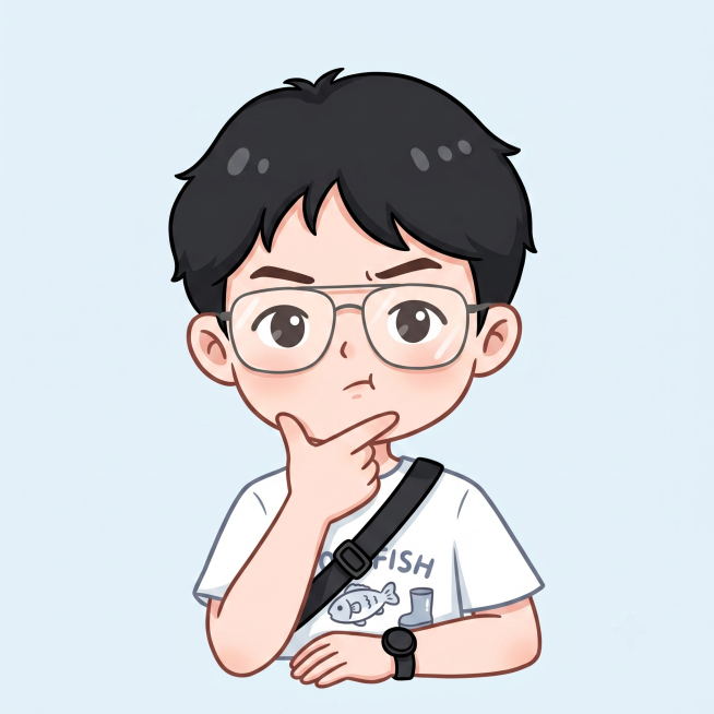 参考图中男性转为Q版卡通形象，保持脸部特征和眼镜，托腮思考，简化背景为纯色浅色，可爱风格适合教学场景预览效果