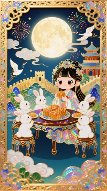 中间有一个桌子，桌子上有月饼，有一群可爱的小白兔，还有一个Q版的小姑娘，头饰精美，大眼睛，长头发，衣服飘逸，他们一起吃月饼，整体画面有质感，有光影立体感，画面背景有一个满月，周边有烟花，祥云，白鹤，中预览效果