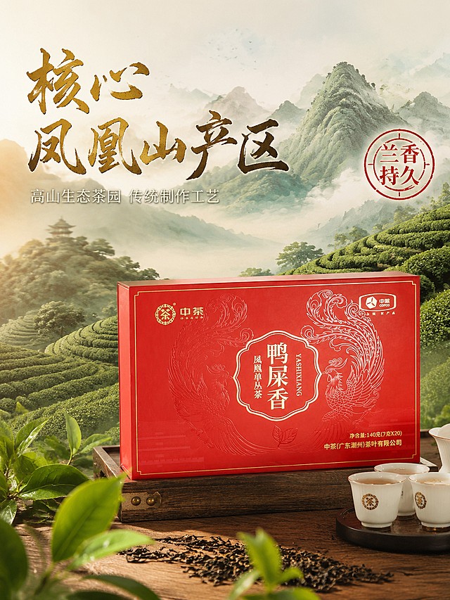 [主图-2] 中茶鸭屎香凤凰单丛茶产地核心优势展示。
[氛围风格] 国潮山水风，清新自然茶文化氛围；
[画质] 商业摄影质感、光线柔和通透、产品清晰真实、画面干净高级。
[元素] 中茶鸭屎香礼盒放置在画面右下侧，左上区域融入水墨凤凰山场景，展现产地茶园风貌，前景散落新鲜茶叶，自然不拥挤。保持鸭屎香礼盒外观（物理结构、材质质感、颜色）与输入产品图绝对一致，杜绝任何变形和色差，精细化处理。商品主体占比严格控制在65%左右；画面满屏无边框。
[光影] 自然茶园柔光，从左侧勾勒产品轮廓，右侧补光平衡亮度，整体通透自然。
[配色] 主色调墨绿渐变淡红，搭配礼盒正红色，国潮配色清新雅致。
[视角构图] 平视构图，前景背景层次分明，景深自然。
[文字版式] 画面左上角大字加粗书法字"核心凤凰山产区"，金色墨边，清晰突出；下方小字"高山生态茶园 传统制作工艺"，浅色细体补充说明。右侧圆形红色印章"兰香持久"国潮装饰。
[比例分辨率] 3:4 比例，4k 分辨率；文字清晰锐利，画面超高清。
[负向提示词] 变形，水印，文字错乱，产品图模糊，背景杂乱