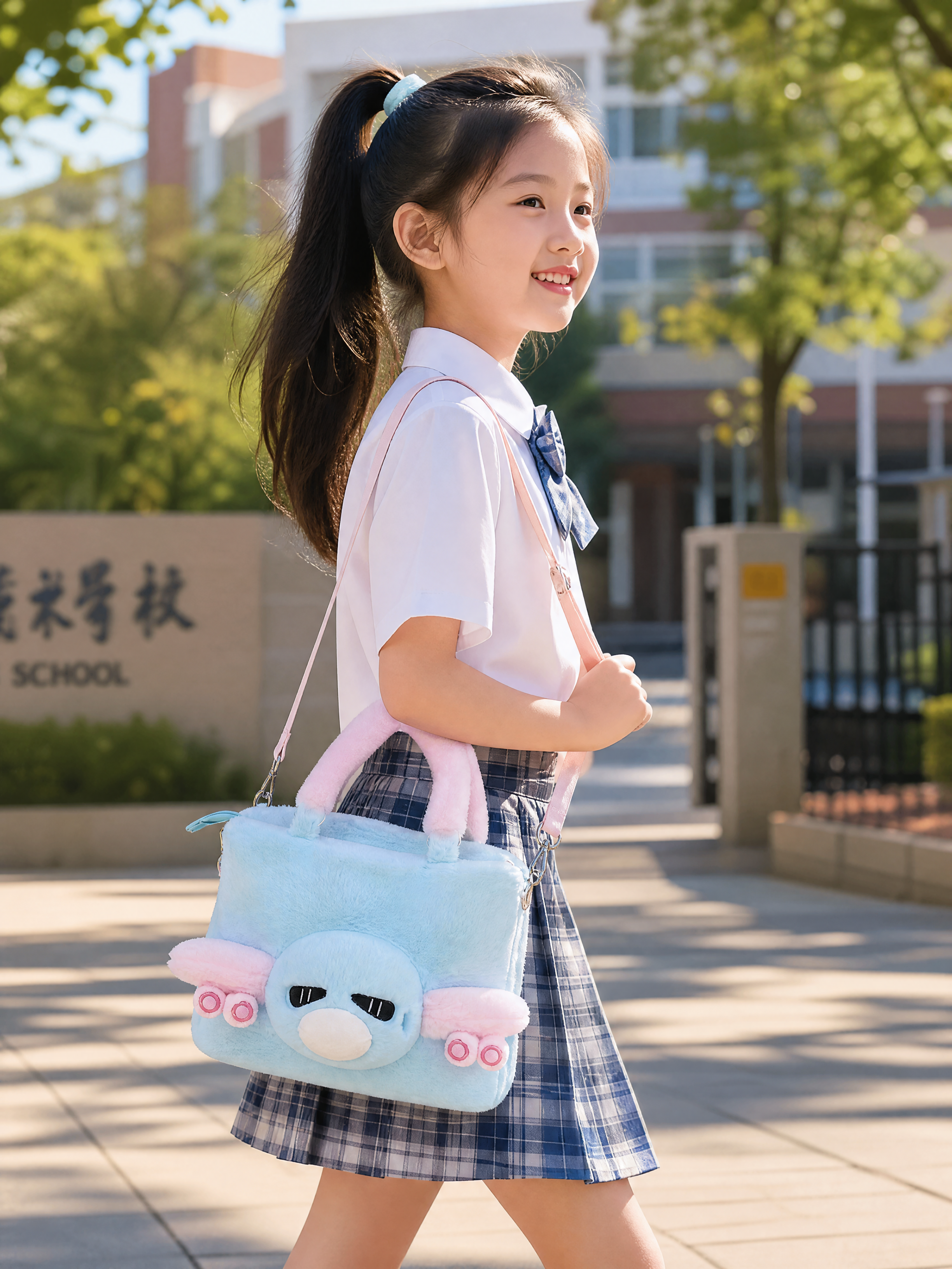 上学通勤风格商品场景图，运20毛绒单肩包作为主体。一个8-10… - 图片创意预览