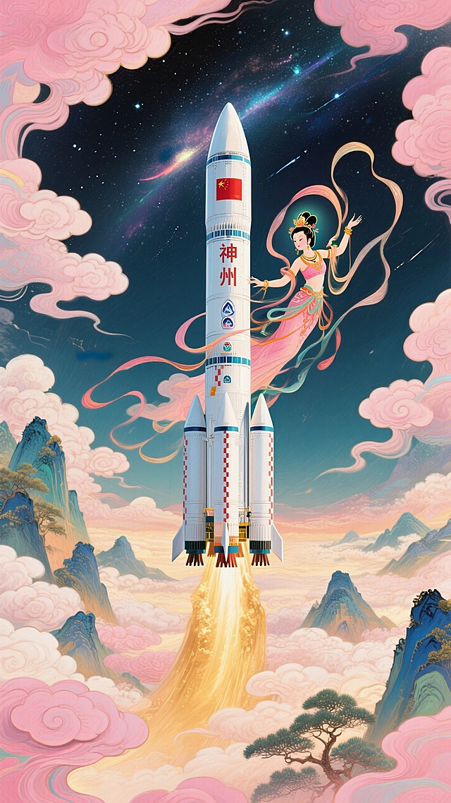 火箭居画面中心垂直向上为核心焦点，嫦娥环绕火箭，披帛环绕火箭飘逸展开，背景下方山峦、上方星空，空间延伸，画面粉金色调，梦幻色彩和光影变化，具有丰富的层次感和立体感
