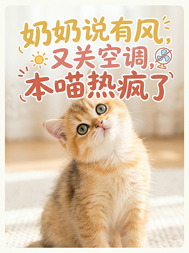 保持图中小猫的主体特征不变，制作成小红书封面，添加俏皮大字报标题"奶奶说有风，又关空调，本喵热疯了"，风格明亮干净欢快，柔和的自然光，温暖诱人的氛围