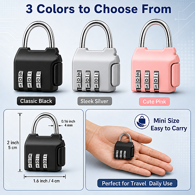 [主图5] 3-Digit Combination Padlock 多色可选+尺寸规格信息图。三色展示+尺寸标注。
[氛围风格] 专业规格信息图，清晰明了，亚马逊跨境listing风格，功能化但不简陋。
[画质] 商业摄影质感、信息清晰、产品真实、画面干净专业。
[元素] 画面上方横向排列三款颜色的密码挂锁：黑色、银色、粉色，每款锁下方都有颜色名称标签；三款锁外观结构都与输入产品图完全一致：三位密码轮、U型金属锁梁、迷你机身；画面下方左侧是尺寸标注图，黑色锁旁有尺寸线标明宽度和高度（约1.6 inch / 4 cm 宽，2 inch / 5 cm 高，锁梁4mm粗），单位同时标注 inch 和 cm；画面下方右侧是迷你便携示意，锁放在手掌心旁边，展示小巧尺寸；背景为浅灰蓝色渐变，带细腻的科技纹理；整体画面信息丰富但有条理。
[光影] 均匀柔和的正面光，确保每款锁和文字都清晰可读；锁具下方有柔和投影；整体明亮干净，专业感强。
[配色] 主色：浅灰蓝色背景；主品色：黑色+银色+粉色三款锁；强调色：深蓝色文字+图标；整体冷色调专业感。
[视角构图] 上下分区布局，上方三色横向排列，下方左尺寸右示意；阅读动线：上三色展示 → 左下尺寸 → 右下便携示意。
[文字版式] 顶部主标题 "3 Colors to Choose From" 粗体无衬线，深蓝色大号；每款锁下方标签："Classic Black"、"Sleek Silver"、"Cute Pink"；尺寸标注数字清晰；右侧示意旁文字 "Mini Size  Easy to Carry"；底部小号文字 "Perfect for Travel  Daily Use"；所有文字为英文，清晰可读。
[比例分辨率] 1:1 比例，1K分辨率，文字清晰锐利，超高清商业摄影质感。
[负向提示词] 变形，水印，错字，糊字，伪Logo，主体遮挡，背景杂乱，低清晰度，错误尺寸，白底，纯白背景，防盗刷标识，防水标识，中文文字。