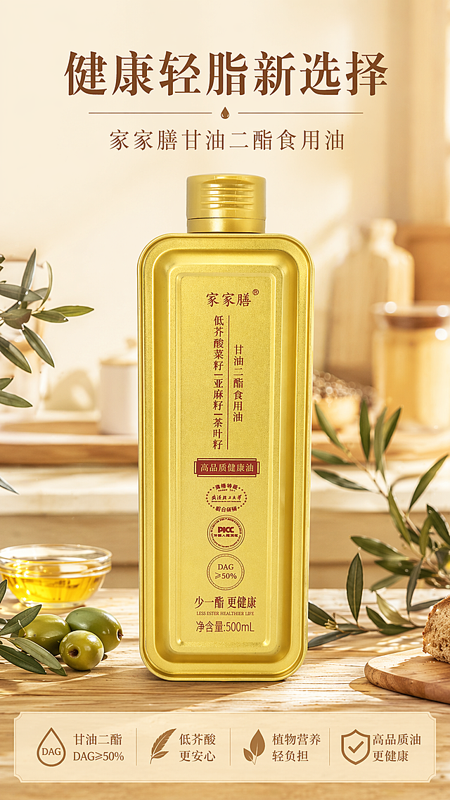 [第1屏] 详情页头图-家家膳甘油二酯食用油产品宣传海报。本屏使用【图1】作为商品主体。
[氛围/风格] 轻奢健康风，暖金色背景，商业摄影质感，温馨厨房氛围感。
[元素布局] 商品主体居中摆放，占比约70%；背景搭配虚化的厨房浅木色台面和橄榄枝叶点缀，保留产品金属包装结构、颜色、文字与输入产品图完全一致。顶部预留标题区，底部放置信息标签。
[光影质感] 正面柔光打亮产品，侧面增加轮廓光凸显金属质感，自然投影，明暗层次清晰，产品清晰通透。
[配色色系] 全局底色 #F8F2E4；主色暖金棕；辅助色浅木色、深棕文字。
[视角构图] 正面平视，产品绝对视觉中心，阅读动线从上到下，清晰流畅。
[文字版式] 版式为顶部标题 + 中部产品 + 底部卖点条。主标题「健康轻脂新选择」，副标题「家家膳甘油二酯食用油」，温润棕褐色标题字居中对齐；底部信息条标注「少一酯 更健康」，文字不遮挡产品主体。字体采用温润宋体，全套字色统一为深棕。
[比例分辨率] 9:16 竖版比例，宽度1080px，高度1920px，4K分辨率，文字清晰可辨，高清画质。
[负向提示词] 产品变形，包装文字错乱，缺件错件，颜色偏差，水印，文字过小，背景杂乱。