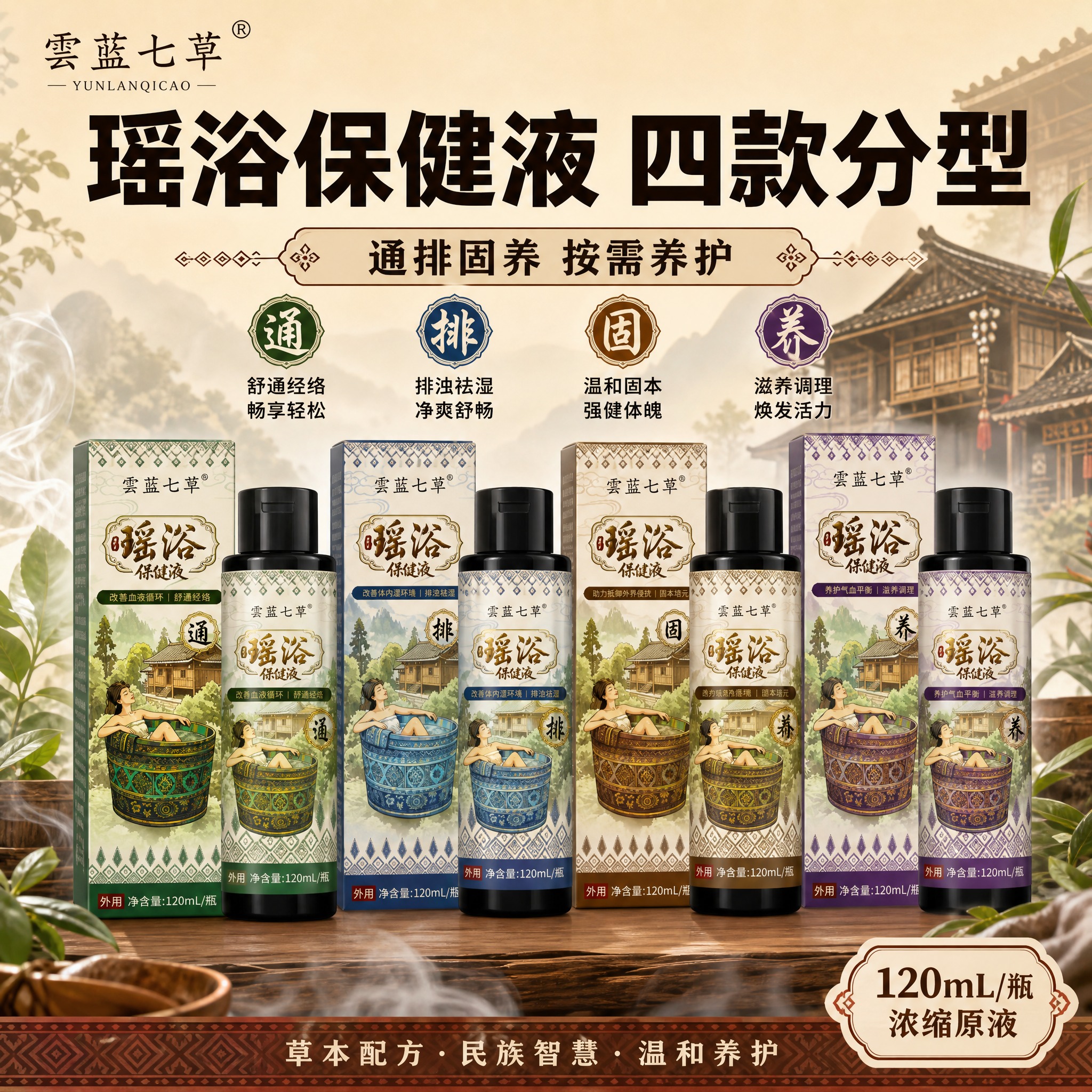 [主图-1] 首图品牌调性，展示雲蓝七草瑶浴保健液四款产品全家… - 图片创意预览