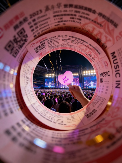 把图1的演唱会门票卷成隧道形状，通过圆形洞口呈现透视效果，强纵深感。隧道尽头展示图2的演唱会现场场景。固定聚焦在演唱会场景上，周围呈现朦胧模糊、拖影的效果。预览效果