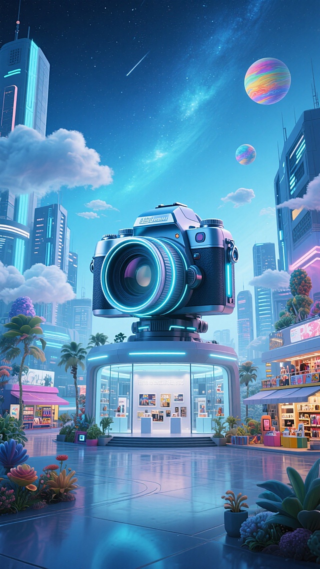 画面中心是巨型科幻相机产品展示馆，带发光效果。周围有未来感城市建筑、彩色星球、云、商品店铺、奇特植物，背景是星空，低饱和蓝色调
