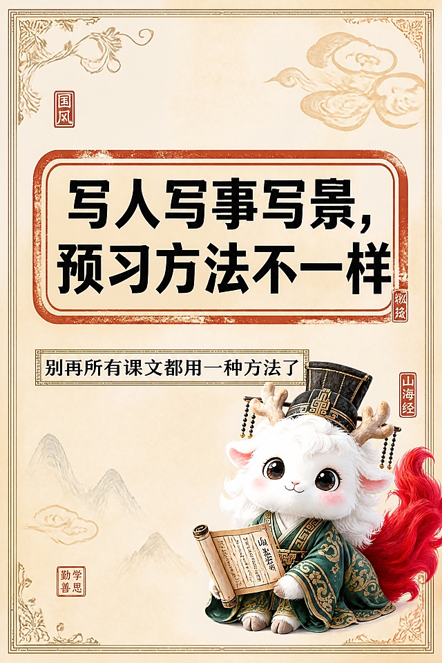 小红书笔记大字封面，配图大字，国风山海经风格，米黄色宣纸纹理背景、朱红色印章式标题框、黑色粗黑体标题字、回纹边框、祥云卷草纹边角装饰，整体典雅国风气韵。版式精美，小红书笔记封面质感，适合信息流点击。主标题必须完整呈现且为画面视觉中心，逐字锁定：「写人写事写景，预习方法不一样」。主标题字号占画面约 30% 视觉权重，清晰可读，不得增删改字。副标题：「别再所有课文都用一种方法了」。背景：米黄色宣纸纹理纯色底，带轻微做旧质感。标题排版：黑色粗黑体，主标题置于朱红色印章式圆角矩形框内，白边描边。配图：Q版鹿蜀小神兽（绿金古装帝王帽，红尾巴）拿着书卷的可爱形象，置于画面右下角，大小适中。装饰：右上角加祥云图案；左上角加卷草纹国风装饰；副标题用回纹细线框装饰；加少量国风印章小元素点缀。整体氛围：国风典雅、教育干货、分类清晰。画质：高清细腻，信息层级清晰，文字与背景强对比，所有文字完整处于安全区内不可裁切，四周留安全边距。图生图：【图1】= Q版鹿蜀小神兽形象抠图配图。画面比例 2:3，4K。