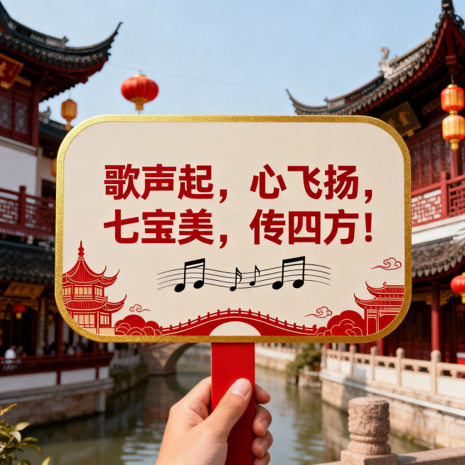 设计歌唱比赛手举手持牌，国风简约风格，主体文字"歌声起，心飞扬，七宝美，传四方！"，搭配简约歌唱音符上海七宝古镇元素，色彩大气庄重醒目，适合手持拍照预览效果