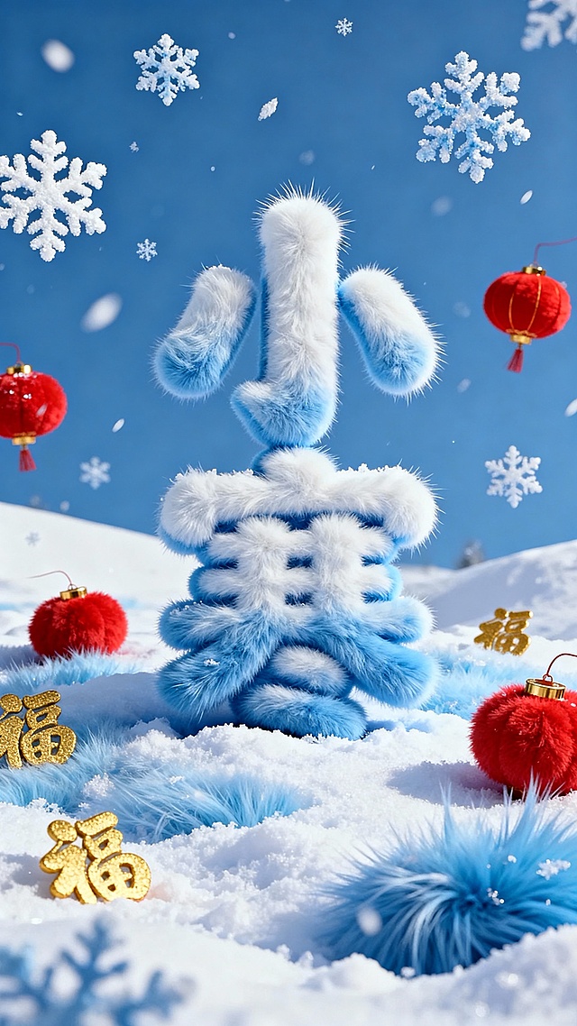 积雪构成的艺术“小寒”字为主体立在雪中，雪花飘落增添梦幻感，蓝白色调，带有一点年味