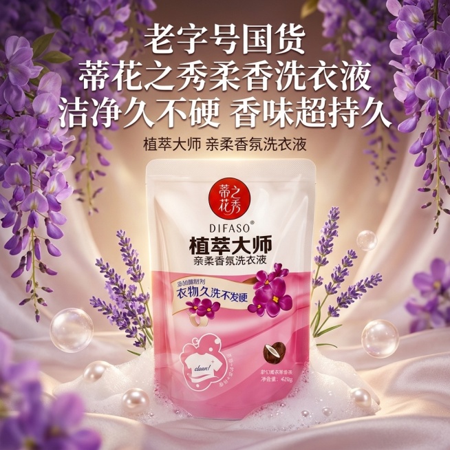 我是网店卖家，产品是我是网店卖家，产品是老品牌国货,蒂花之秀驰名商品袋装洗衣液，洗衣洁净，香味持久，根据你的经验帮我生成一个电商主图，提升一些洗衣液主体质感，切记不要出现网络违禁词,略微提升质感包装袋预览效果