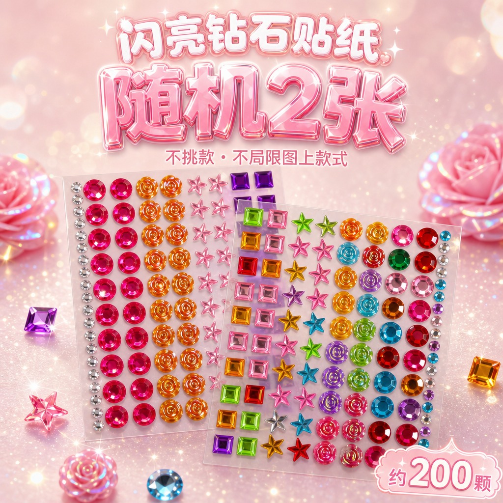 SKU主图2-随机2张，自粘亚克力水晶宝石贴纸，1:1正方形1… - 图片创意预览